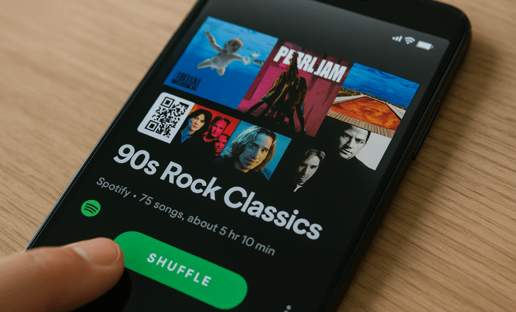 Smartphone screen displaying a 90s rock playlist with QR code and shuffle button on a wooden table