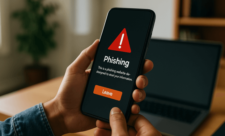 Smartphone screen displaying a phishing website warning