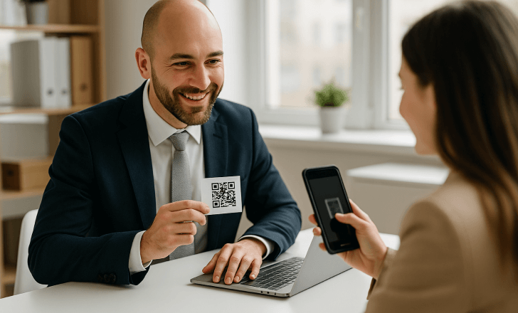 Smiling salesman handing a QR code business card to a female client in a bright office