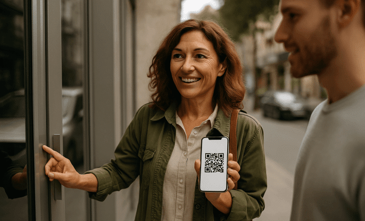 Smiling woman holding a phone with a QR code near a store entrance while chatting outdoors