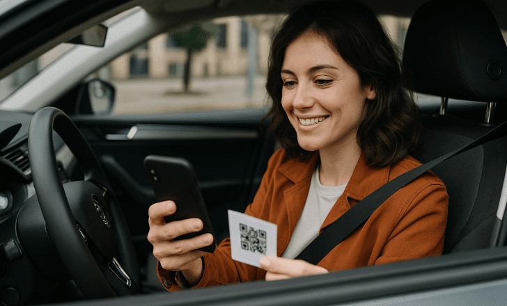 Smiling woman in car scanning a QR code from a printed receipt