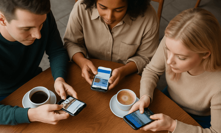 Three people seated at a café table browsing social media apps on their smartphones, viewed from above.