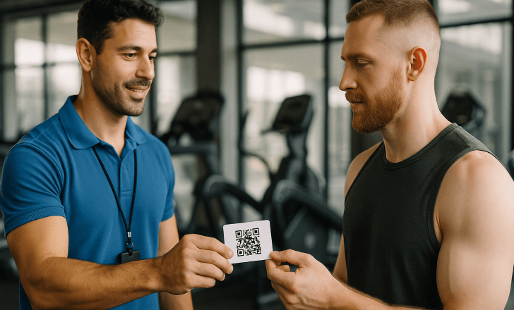 Trainer hands QR-coded business card to client
