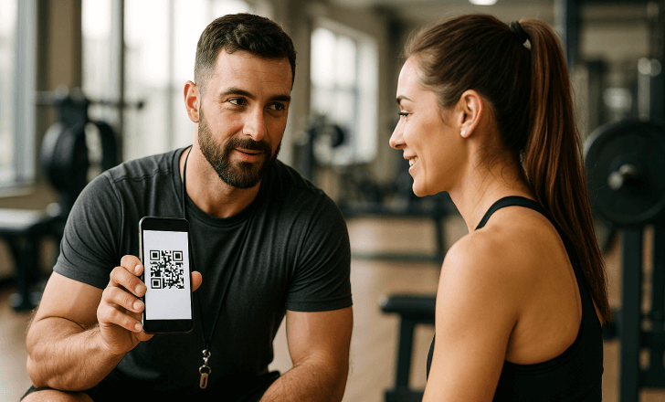 Trainer showing QR code for communication or follow