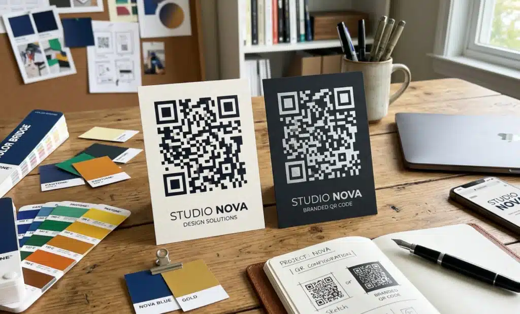 ISO quality standards for QR codes: Ensuring accuracy and compliance 2 Two QR code design variations on a designer's desk with color swatches.