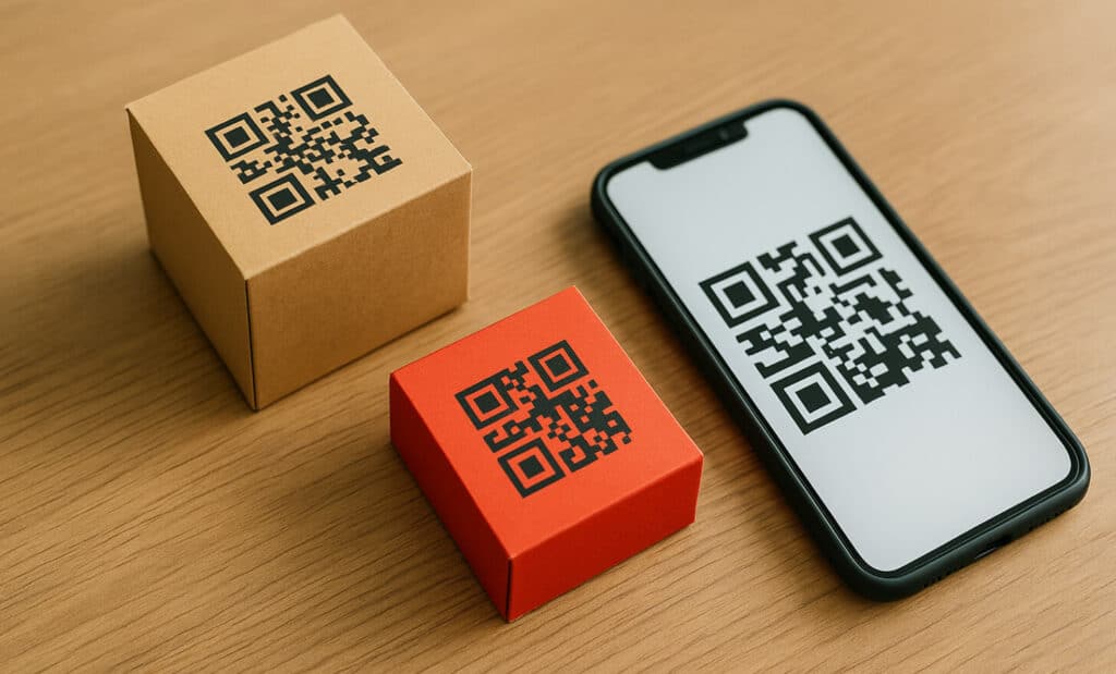 Two small cardboard boxes and a smartphone, each displaying a QR code, on a wooden table
