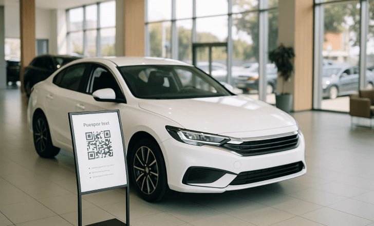 White sedan in a car dealership next to an informational stand displaying a QR code.