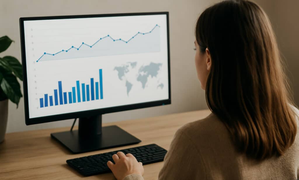 Woman analyzing QR code scan metrics on a monitor with charts and a world map.