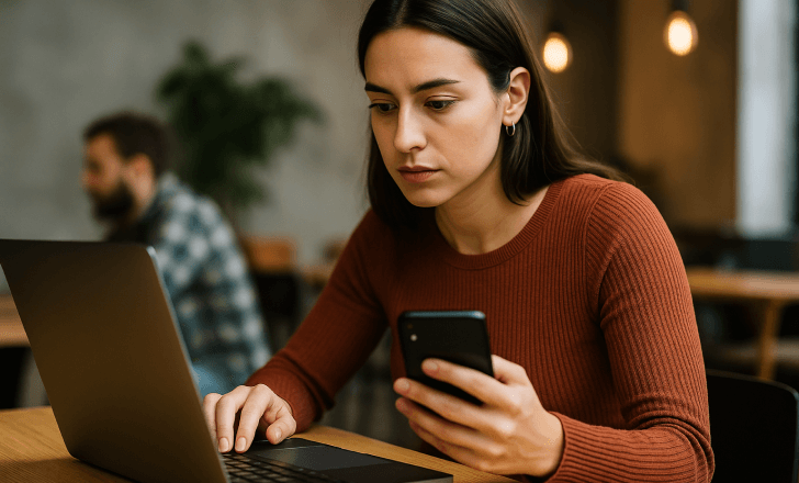 Woman checking phone while working on laptop at a café