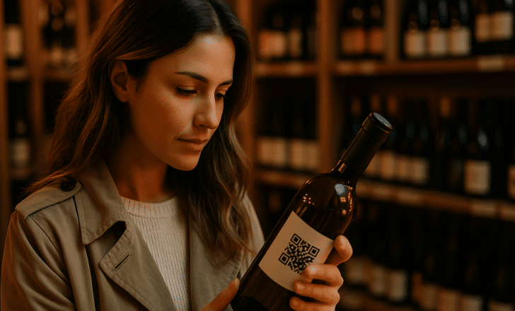 Woman examining a wine bottle with a QR code label in a cozy store