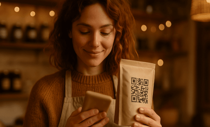 Woman holding a product with a QR code in a cozy, softly lit shop