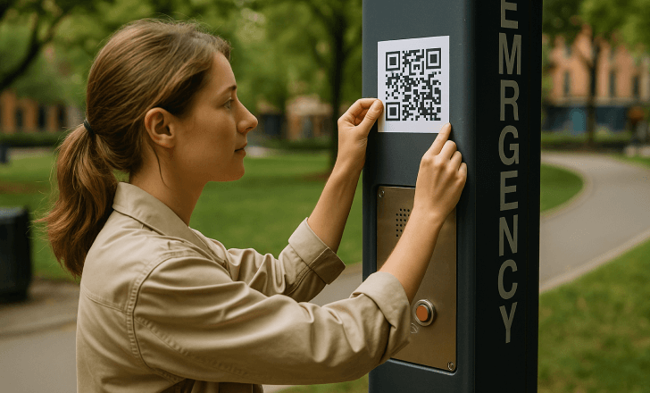 Woman placing a QR code on an emergency call station in a quiet city park