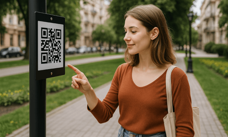 Woman pointing at a QR code in an urban park surrounded by greenery and historic buildings