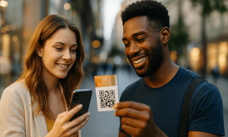Woman scanning a QR code held by a man in a lively urban street