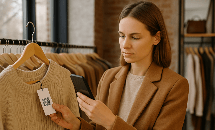 Woman scanning a QR code on a beige sweater's tag inside a stylish boutique