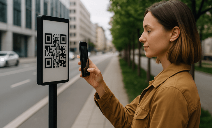 Woman scanning a QR code on a sidewalk in a modern urban setting
