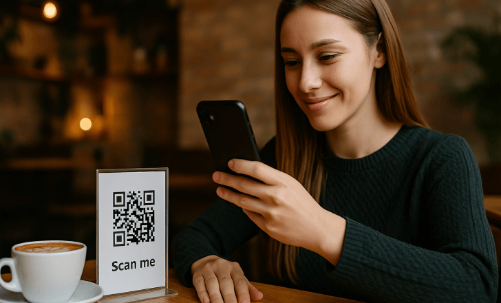 Woman scanning a QR code on a sign while seated in a cozy café