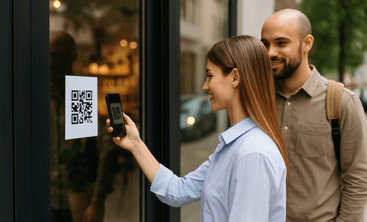 Woman scanning a QR code on a store entrance sign while a man watches beside her