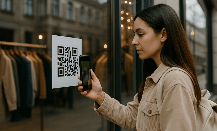 Woman scanning a QR code on a store window in an urban shopping district