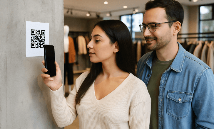 Woman scanning a QR code on a wall while her partner watches in a modern clothing store