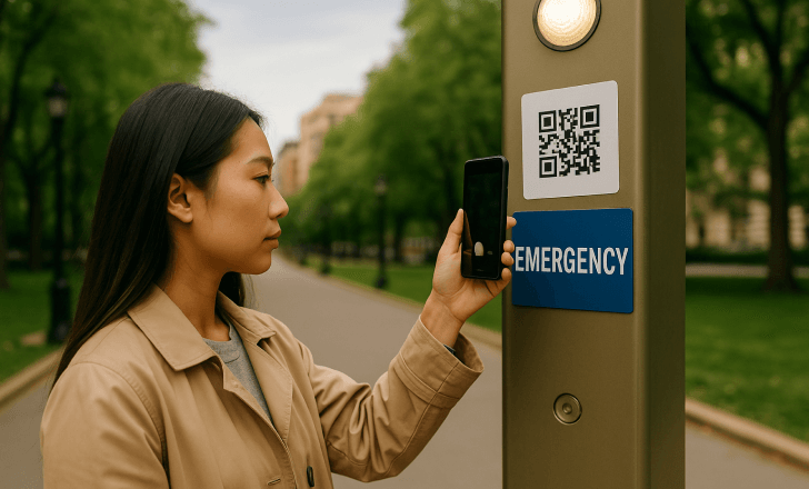 Woman scanning a QR code on an emergency post in a quiet urban park