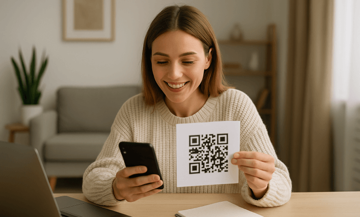Woman sitting at home scanning a printed QR code with her phone while smiling