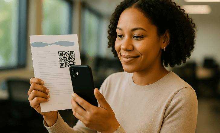 Woman smiling while scanning a QR code on a brochure using the back of her smartphone