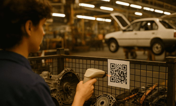 Worker scanning a QR code in an automotive assembly plant with car parts and equipment in the background