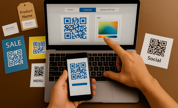Workspace with laptop and printed materials customizing different QR codes