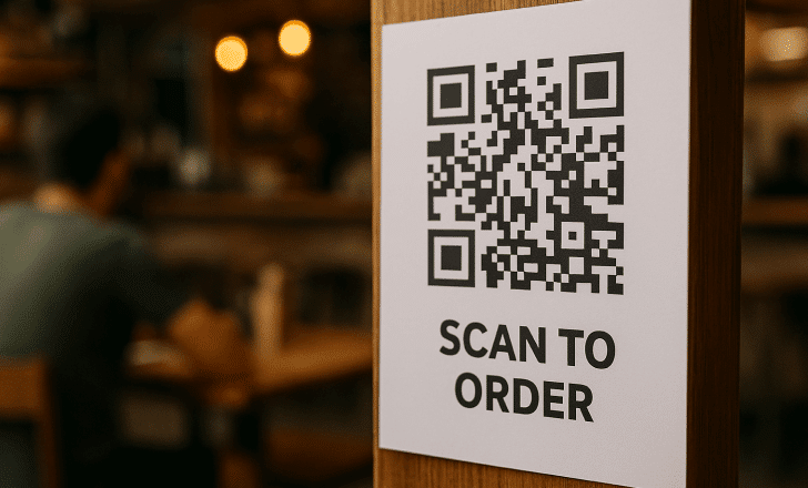 A QR code sign for digital ordering displayed in a cozy café, symbolizing paperless menus and efficient customer service
