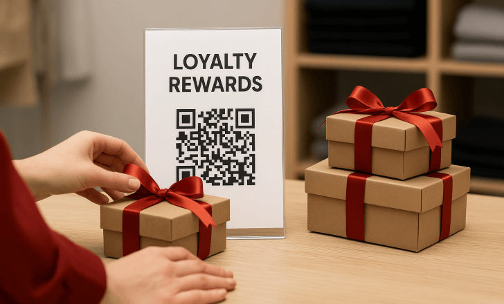A QR code sign for loyalty rewards next to gift boxes with red ribbons on a wooden table.
