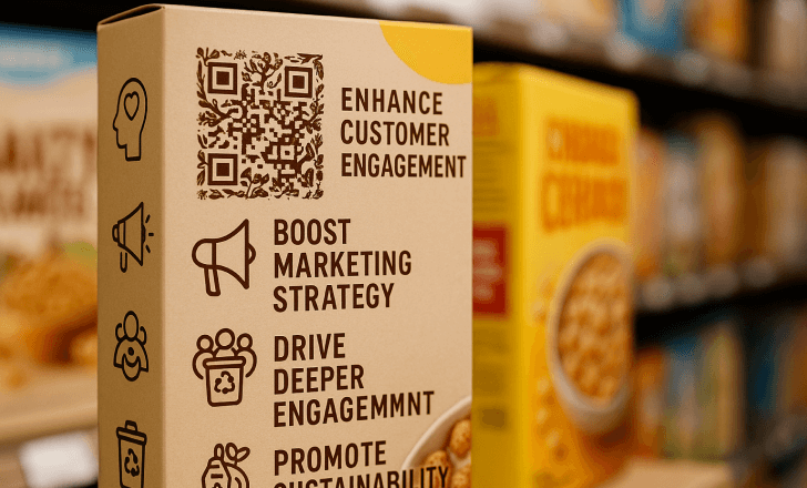 A cereal box with customer engagement icons.