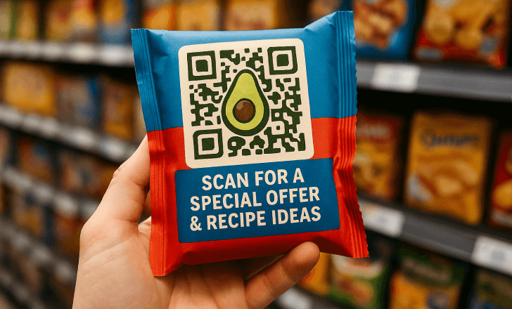 A close-up of a person holding a red-and-blue snack wrapper with an avocado-themed QR code.