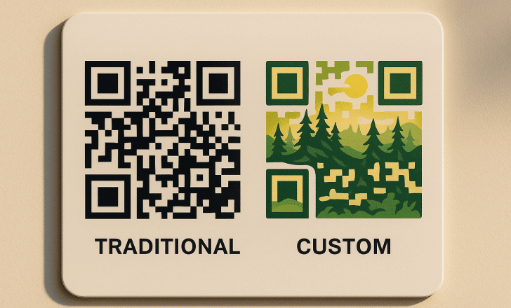 A comparison of traditional black-and-white QR code versus an artistic custom QR code on a display board