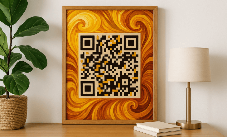 A framed QR code with swirling orange and yellow background on a sideboard