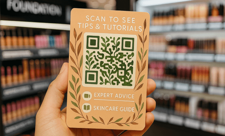 A hand holding a skincare product label in a store