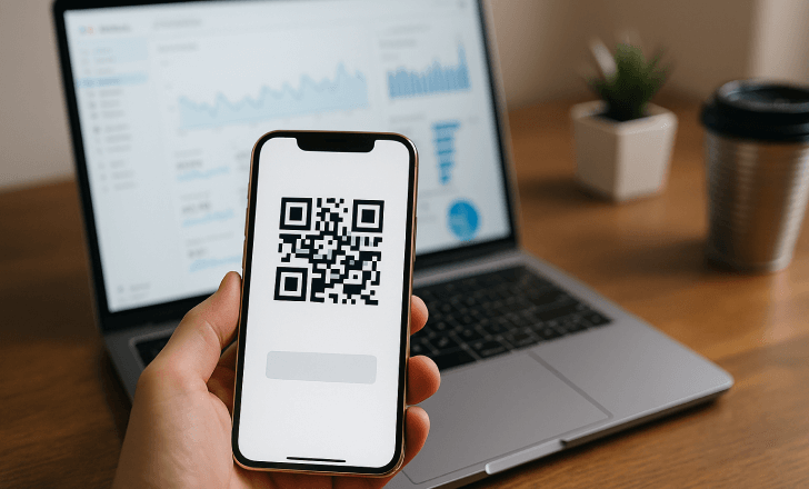 A hand holding a smartphone with a QR code in front of a laptop showing Google Analytics dashboards.