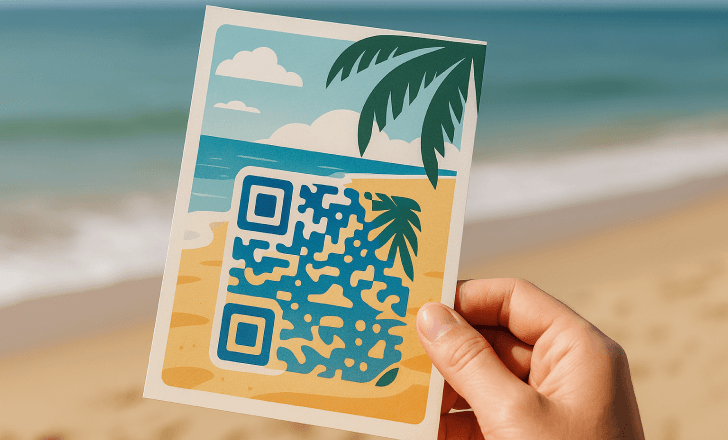 A hand holds a beach-themed flyer with an integrated artistic QR code in a tropical design