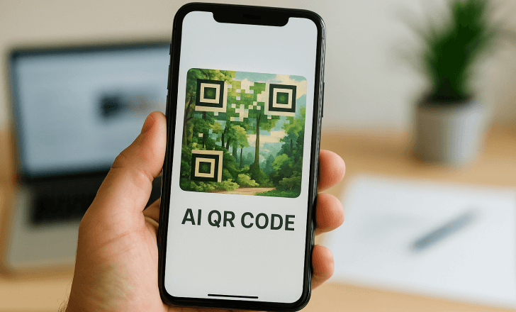 A hand holds a phone showing an AI QR code with a green forest landscape design