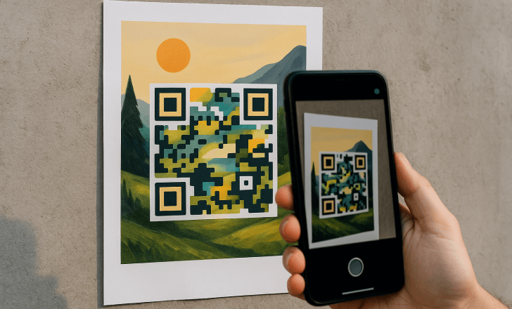 A hand holds a smartphone scanning a landscape-themed AI QR code on a flyer