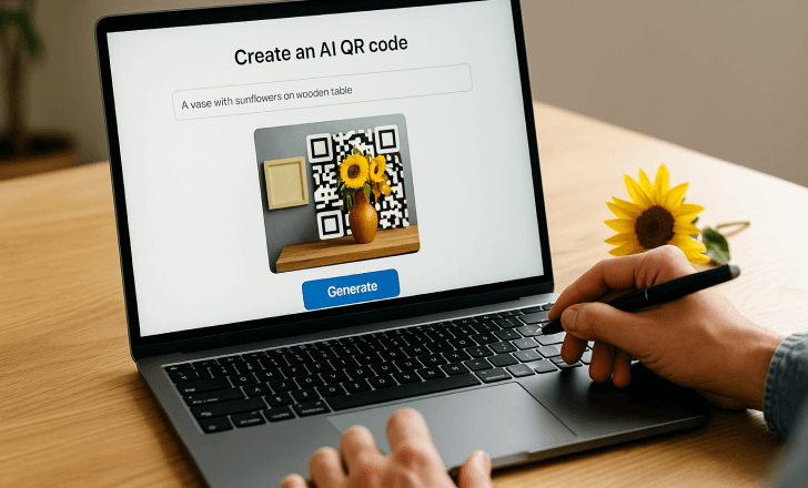 A laptop displaying an AI QR code generation interface with a sunflower vase prompt