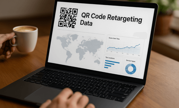 A laptop displaying global scan data, charts, and QR analytics while a person holds a cup of coffee.