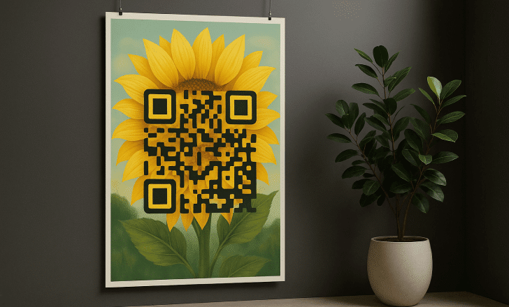 A large poster with a sunflower design integrated into an AI QR code hanging on a dark wall