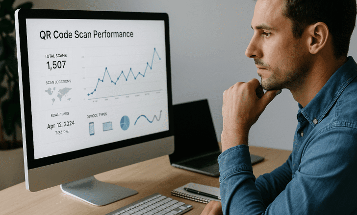 A man analyzes QR code scan performance data on a desktop monitor with graphs and metrics.