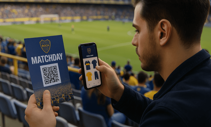 A man at a football stadium scans a QR code on a matchday flyer viewing Boca Juniors merchandise on his smartphone