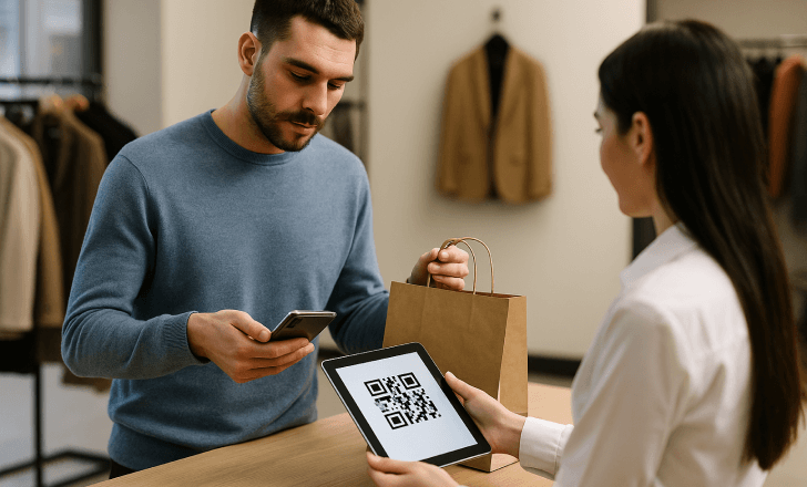 A man scanning a QR code on a tablet at a fashion store checkout counter.