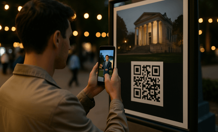 A man scans a QR code on an event poster and views an AR tour guide on his smartphone at night.