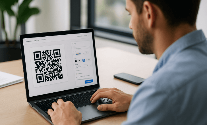 A marketer customizing a QR code on a dashboard interface in a bright office setting.