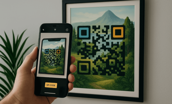 A nature-themed AI QR code embedded in a framed painting being scanned with a smartphone