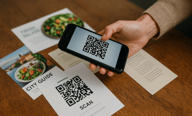 A person compares QR code access on a phone with printed brochures on a table, illustrating the shift from print to digital